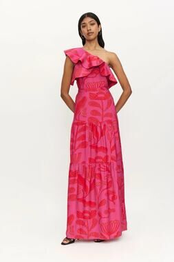 Compania Fantastica Pink Hortencia Floral 2 Piece One Shoulder Maxi Skirt Set M
